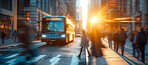 Abstract, background and group of people walking in the city for population, urban foot traffic and workers. Blurred, movement and pedestrians rushing to work for mockup, copy space and design