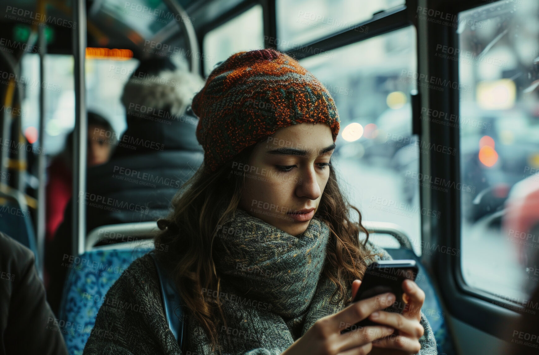 Buy stock photo Woman, smartphone and morning bus ride to the office for public transport, wifi connection and typing text message. Single female, employee and student in city transportation for travel and explore