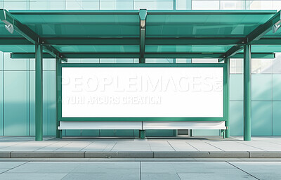 Bus stop, blank banner and advertisement mockup for graphic design, copyspace or commercial ad. Empty, frame and white clean canvas for advertising, marketing strategy and poster in the urban city