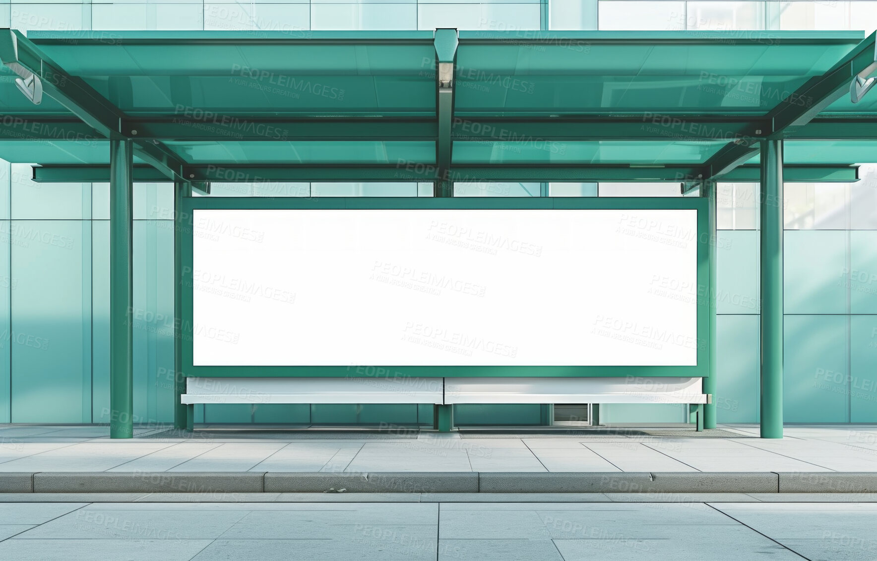 Buy stock photo Bus stop, blank banner and advertisement mockup for graphic design, copyspace or commercial ad. Empty, frame and white clean canvas for advertising, marketing strategy and poster in the urban city