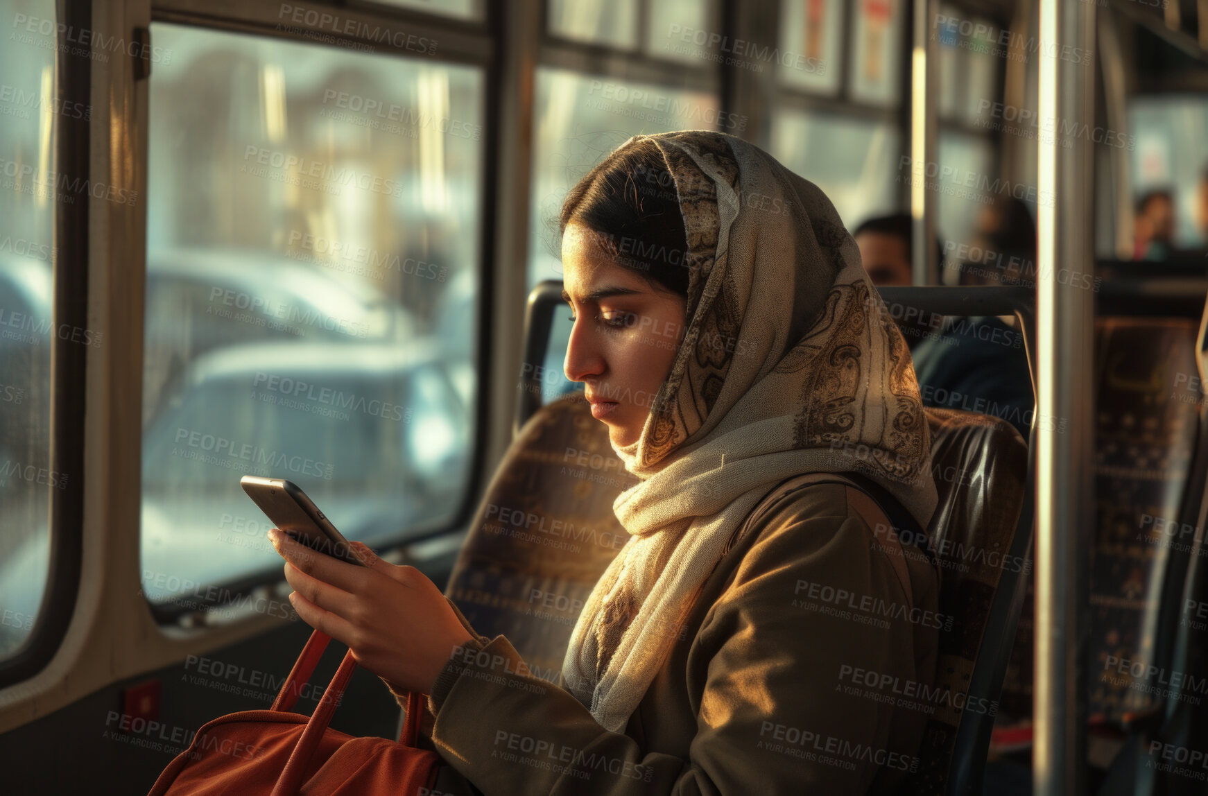 Buy stock photo Muslim woman, smartphone and morning bus ride to the office for public transport, wifi connection and typing message. Single female, employee and student in city transportation for travel and explore