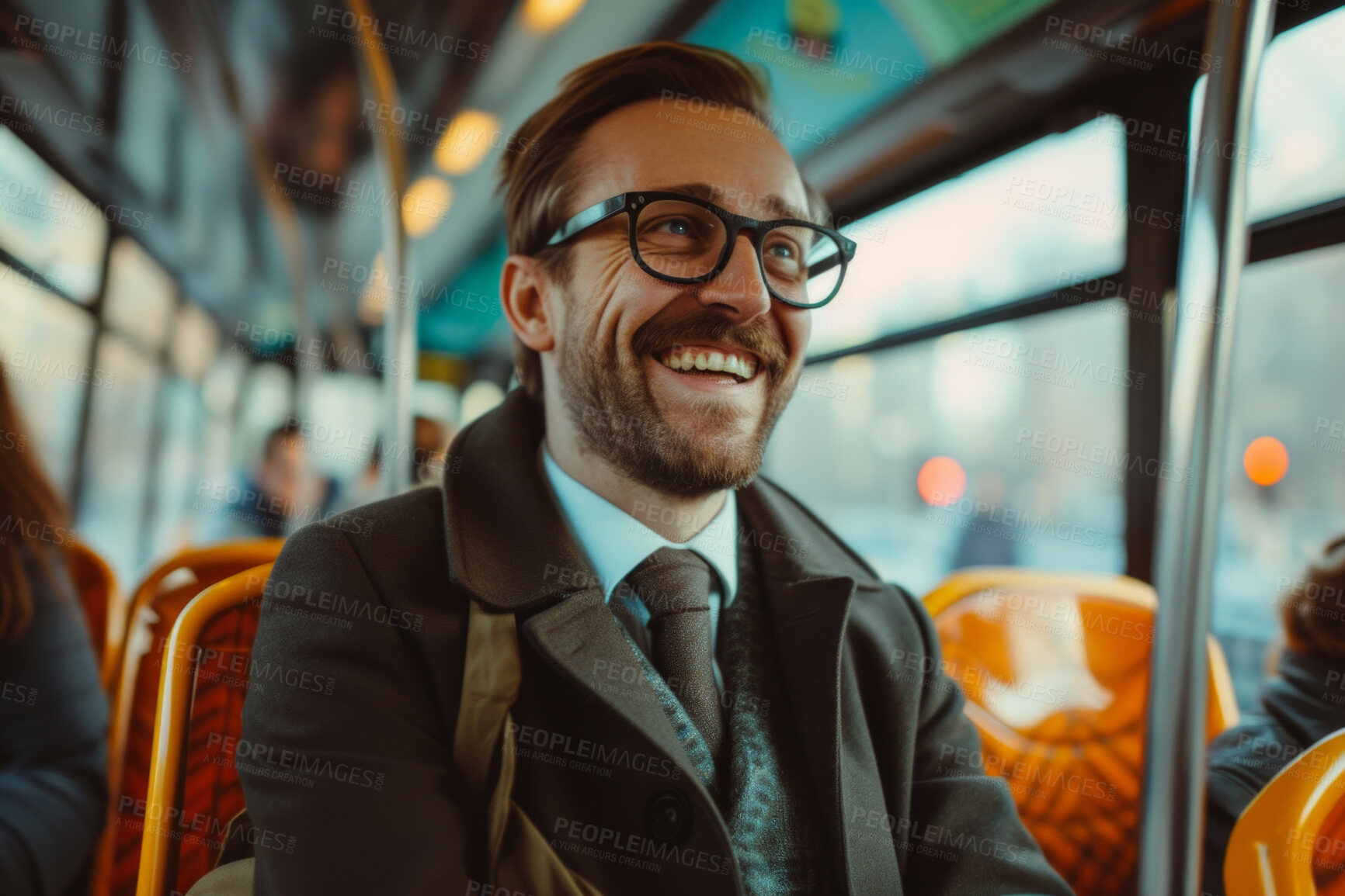 Buy stock photo Man, business entrepreneur and morning bus ride to the office for public transport, commute and travelling. Single male, employee and person in city transportation for travel or urban explore