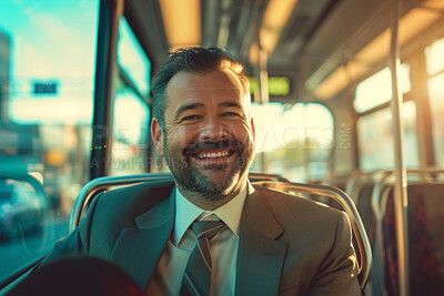 Man, business entrepreneur and morning bus ride to the office for public transport, commute and travelling. Single male, employee and person in city transportation for travel or urban explore