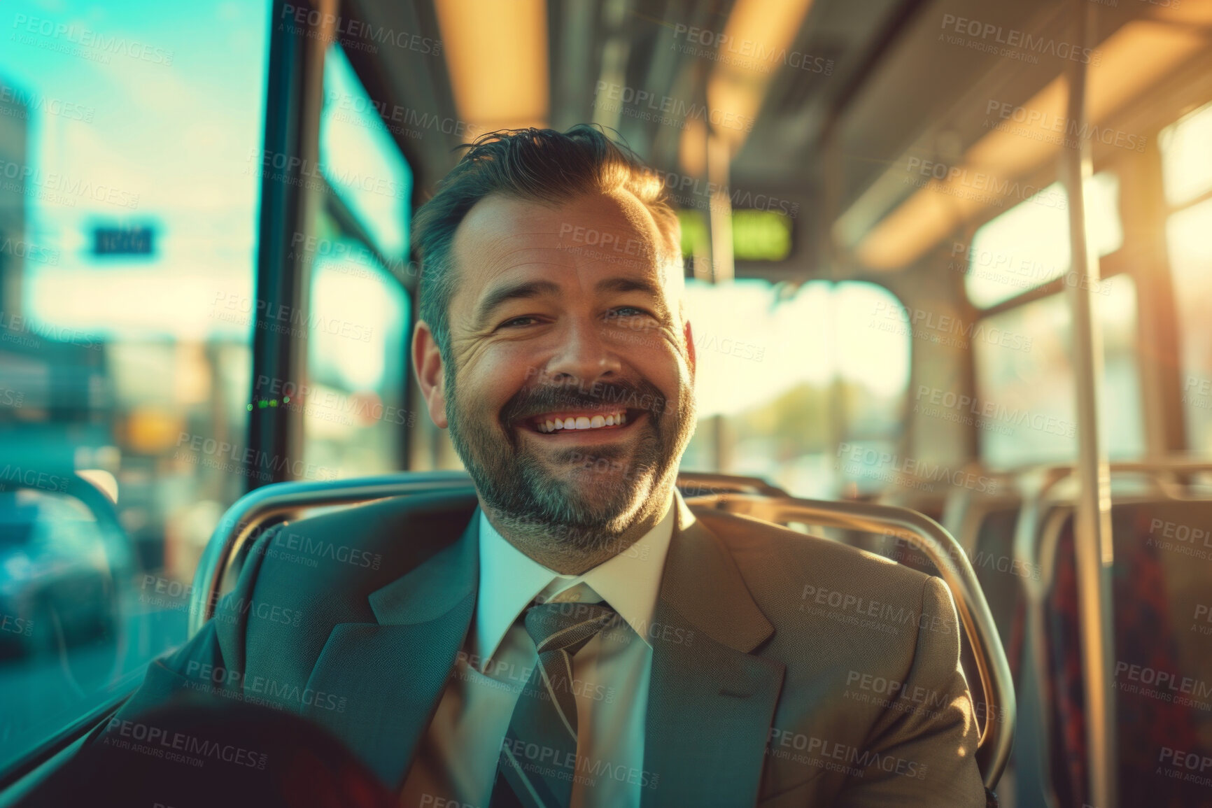 Buy stock photo Man, business entrepreneur and morning bus ride to the office for public transport, commute and travelling. Single male, employee and person in city transportation for travel or urban explore