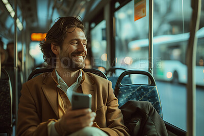 Man, smartphone or morning bus ride from the office for public transport, wifi connection and typing text message. Single male, employee and student in city transportation for travel or urban explore