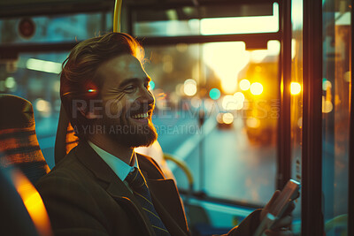Man, smartphone or morning bus ride from the office for public transport, wifi connection and typing text message. Single male, employee and student in city transportation for travel or urban explore