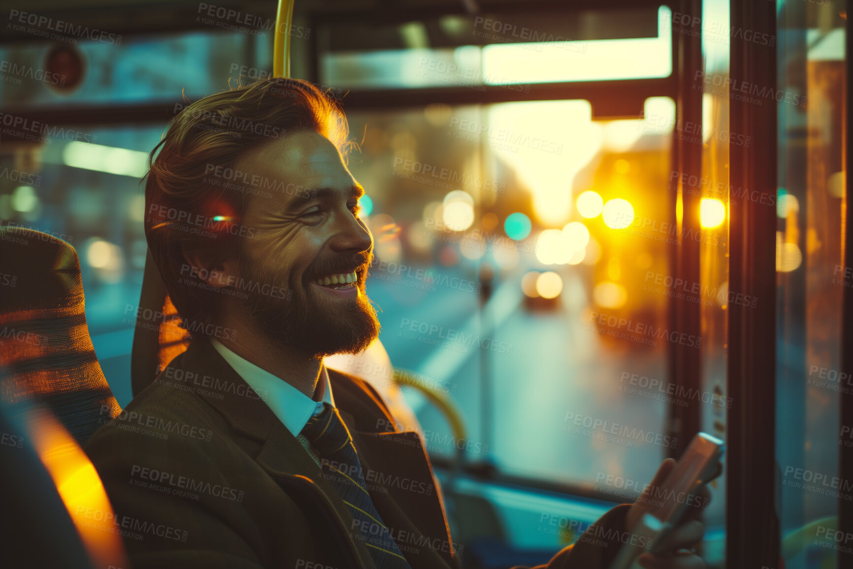 Buy stock photo Man, smartphone or morning bus ride from the office for public transport, wifi connection and typing text message. Single male, employee and student in city transportation for travel or urban explore