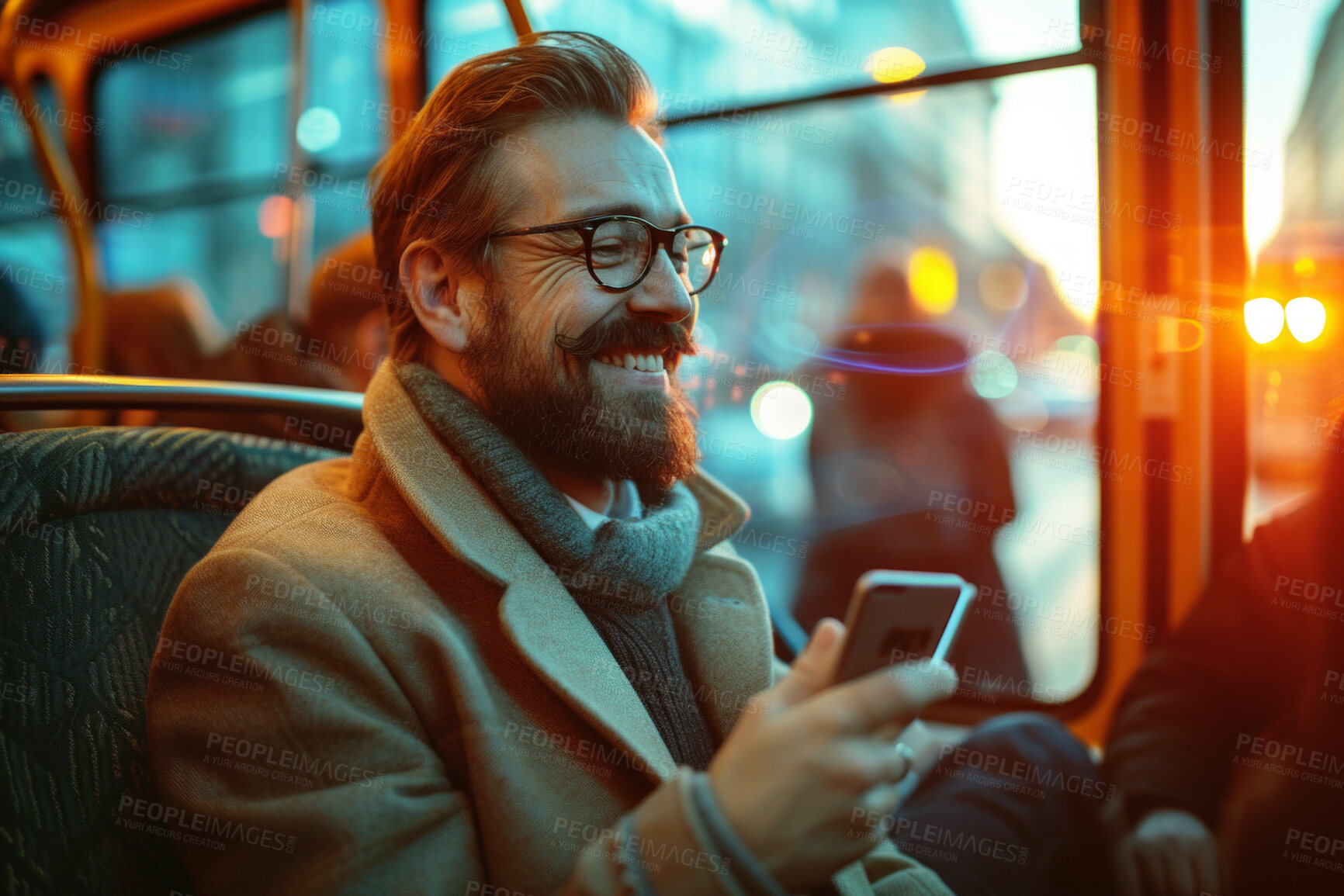 Buy stock photo Man, smartphone or morning bus ride from the office for public transport, wifi connection and typing text message. Single male, employee and student in city transportation for travel or urban explore