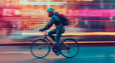 Man, bicycle and environmentally friendly transport for commute, transportation and travel. Speeding, movement and blurred background of male or worker on bike on his way to the office or home