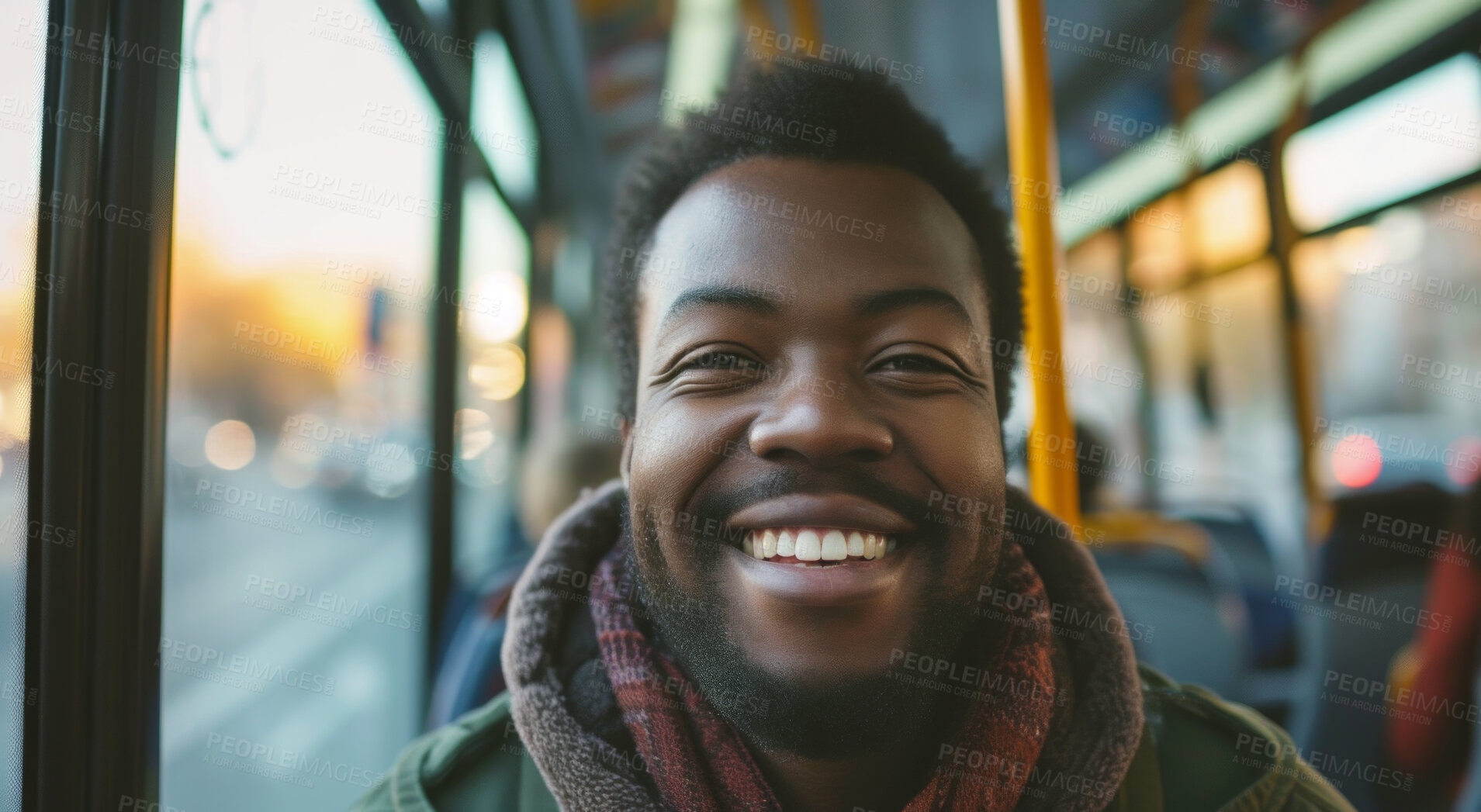 Buy stock photo Man, business entrepreneur and morning bus ride to the office for public transport, commute and travelling. Single male, employee and student in city transportation for travel or urban explore