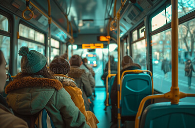 Bus interior, transportation and people commuting in public transport for public commute service, passengers and travel. Back view, workers and students travelling to work or office in the urban city