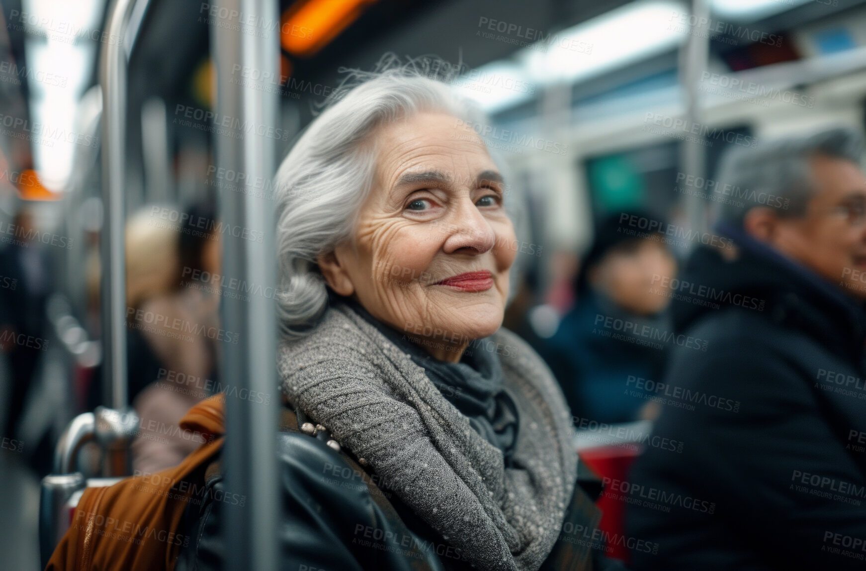 Buy stock photo Senior woman, person and morning bus ride to destination for public transport, holiday and vacation. Elderly female, pensioner and tourist in city transportation for travel and explore