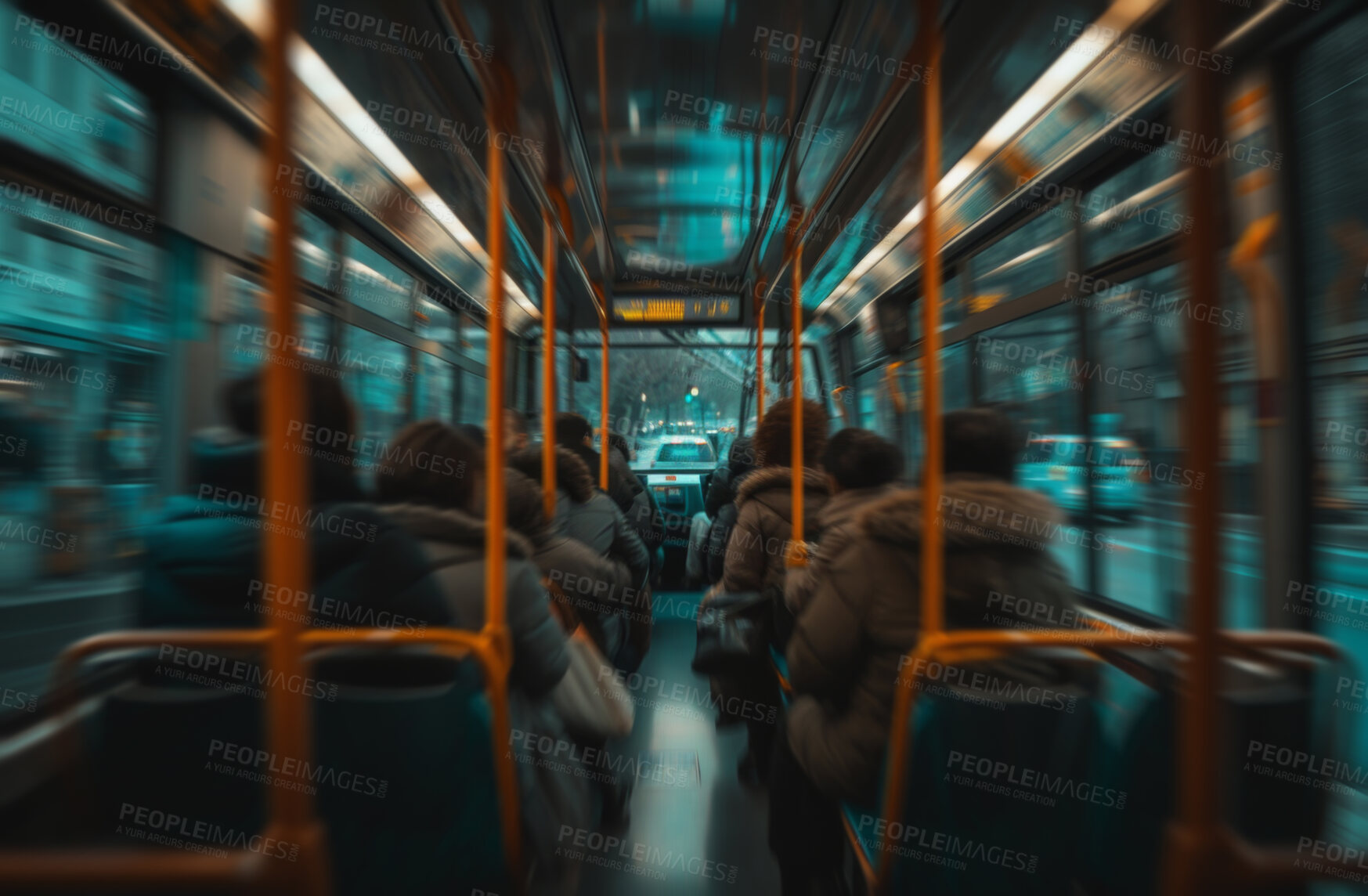 Buy stock photo Bus interior, transportation and people commuting in public transport for public commute service, passengers and travel. Back view, workers and students travelling home after a day in the urban city