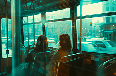Bus interior, transportation and people commuting in public transport for public commute service, passengers and travel. Back view, workers and students travelling to work or office in the urban city