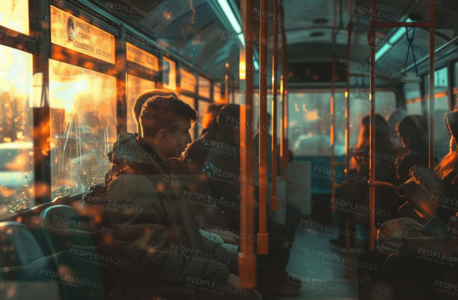 Buy stock photo Bus interior, transportation and people commuting in public transport for public commute service, passengers and travel. Back view, workers and students travelling to work or office in the urban city