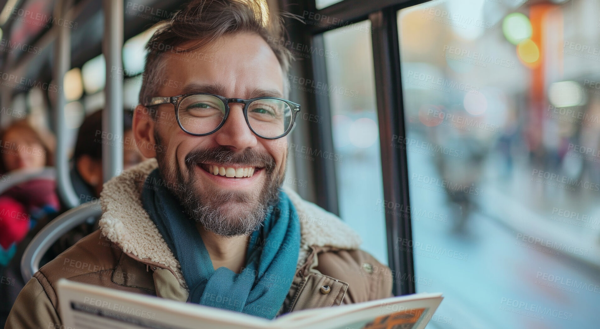 Buy stock photo Man, reading newspaper and morning bus ride to the office for public transport, passengers and commute. Single male, employee and happy in city transportation for travel or urban explore