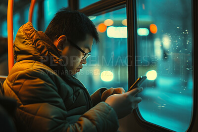 Man, smartphone or evening bus ride from the office for public transport, wifi connection and typing text message. Single male, employee and student in city transportation for travel or urban explore