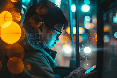 Man, smartphone or evening bus ride from the office for public transport, wifi connection and typing text message. Single male, employee and student in city transportation for travel or urban explore
