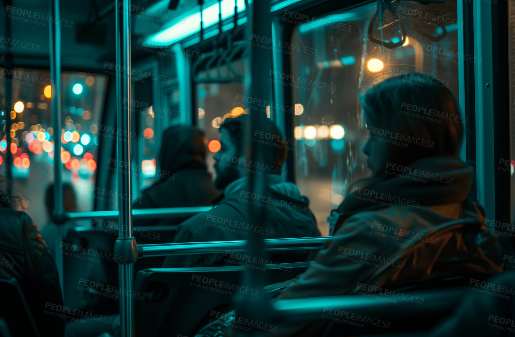 Buy stock photo Bus interior, transportation and people commuting in public transport for public commute service, passengers and travel. Back view, workers and students travelling home after a day in the urban city