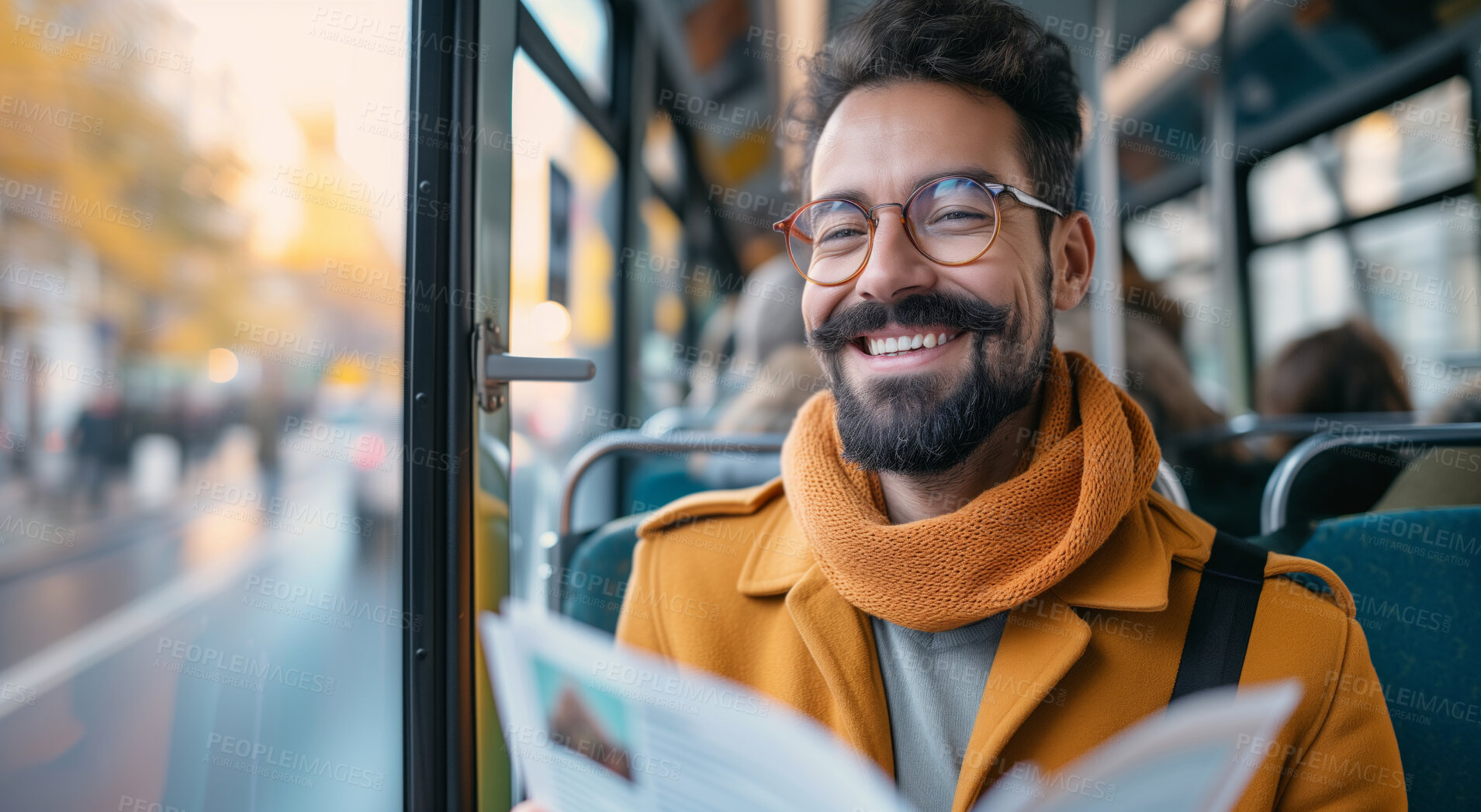 Buy stock photo Man, reading newspaper and morning bus ride to the office for public transport, passengers and commute. Single male, employee and happy in city transportation for travel or urban explore