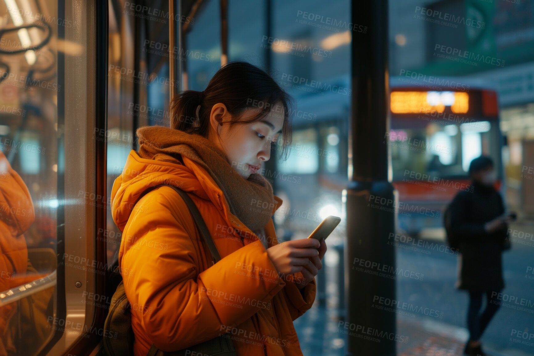 Buy stock photo Smartphone, bus stop and woman waiting for shuttle for public transport, wifi connection and typing text message. Female, employee and student looking for city transportation for travel and explore