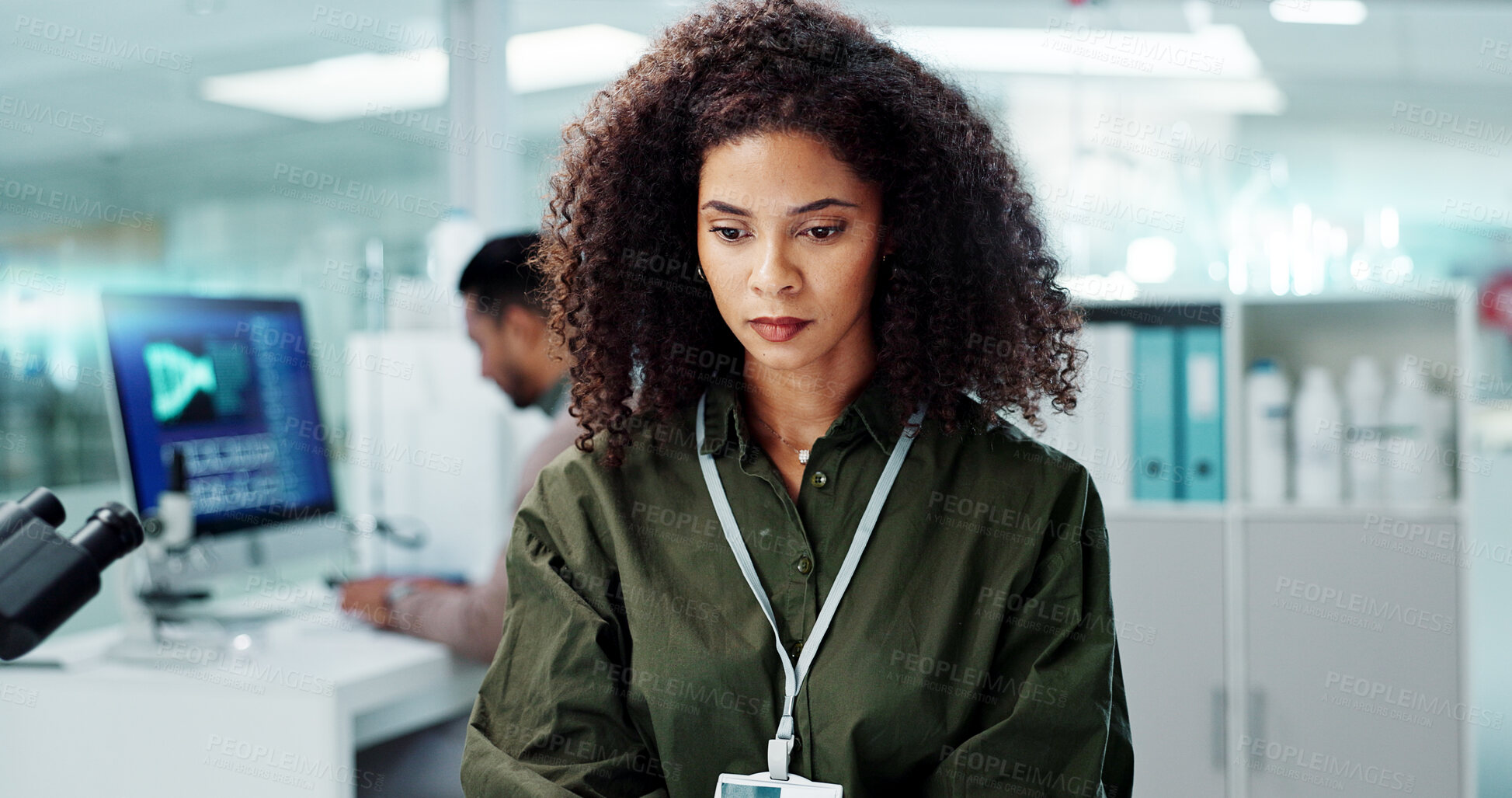 Buy stock photo Woman. laptop and lab for research science or online internet for futuristic discovery, microscope or medicine. Female person, brainstorming and biotechnology for investigation, cure or development