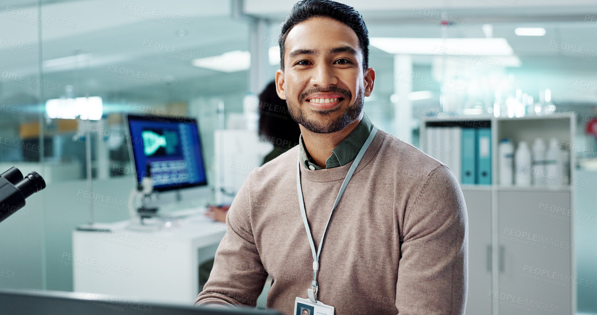 Buy stock photo Asian man, smile and working in laboratory for innovation, pharmaceutical or research study. Male employee, happy and confident in testing facility for reviewing, development or data analysis