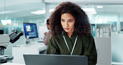 Buy stock photo Woman. laptop and lab for research science or online internet for futuristic discovery, microscope or medicine. Female person, brainstorming and biotechnology for investigation, cure or development