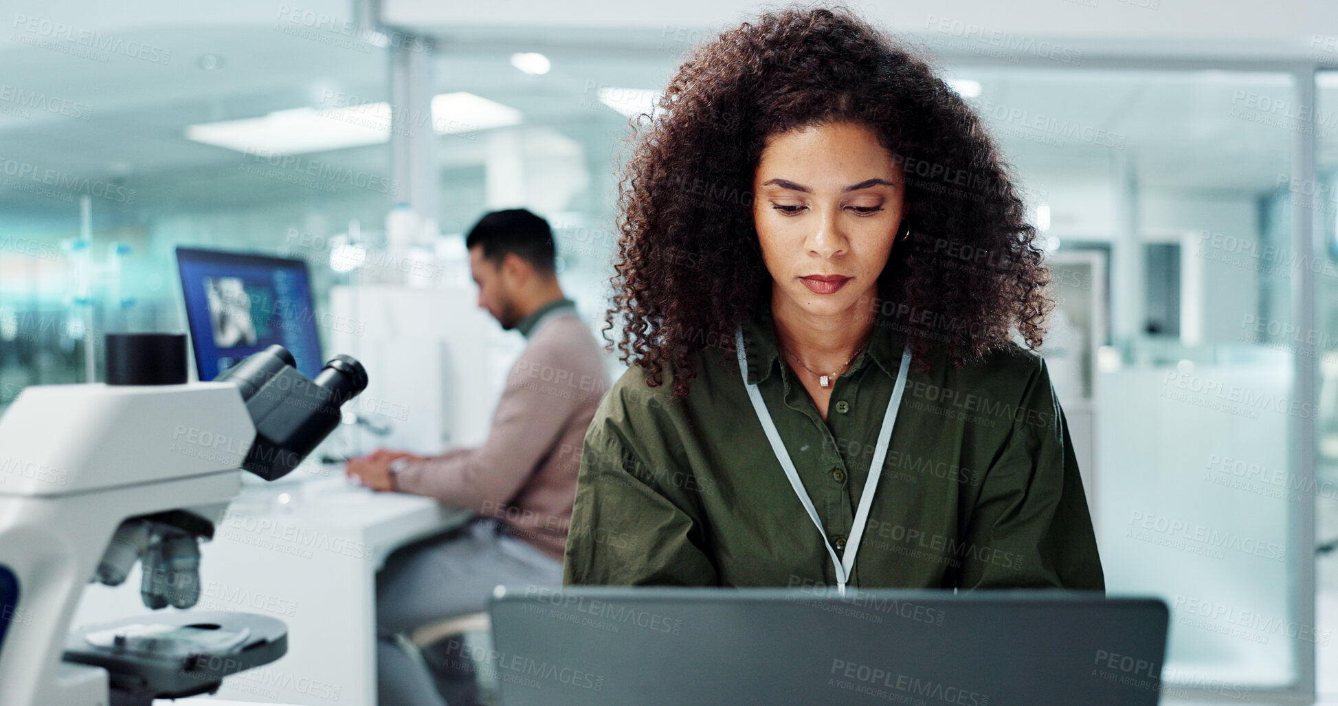 Buy stock photo Woman. laptop and lab for research science or online internet for futuristic discovery, microscope or medicine. Female person, brainstorming and biotechnology for investigation, cure or development