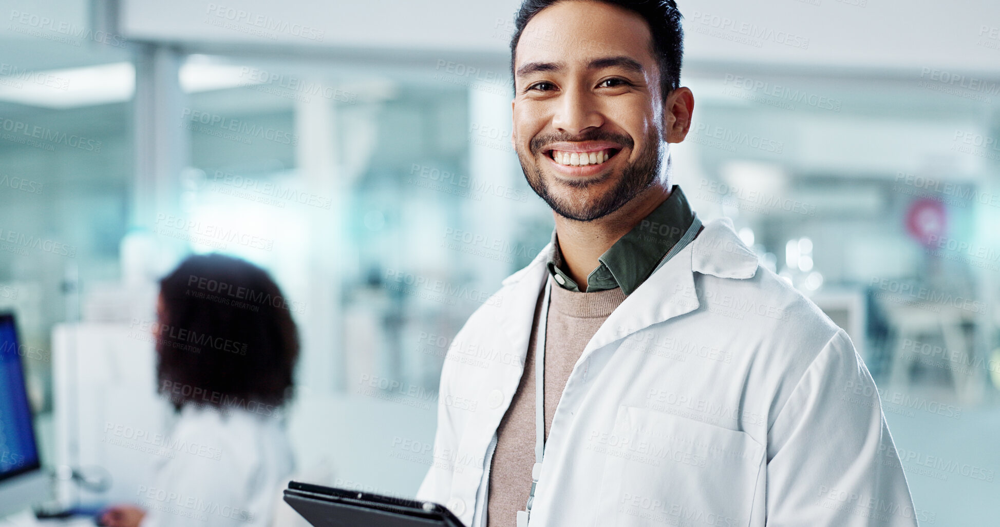 Buy stock photo Man, face and scientist with tablet in laboratory and online research of genetics specialist in healthcare. Asian doctor, portrait and happy at work in pharmaceutical career and working on innovation