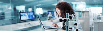 Laptop, woman or scientist with microscope or research in lab for chemistry report or medical test feedback. Bacteria, person typing or science update for online medicine development news on website