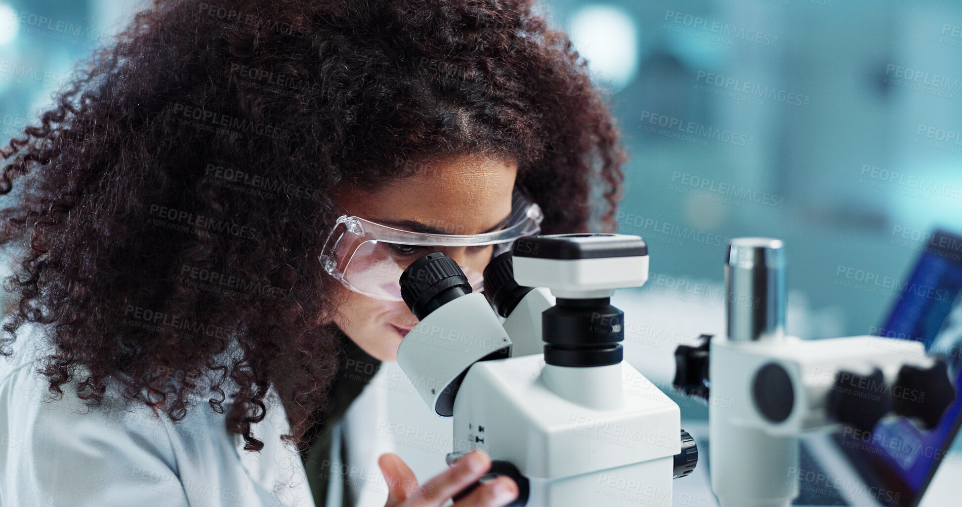 Buy stock photo Laptop, woman or scientist in lab with microscope or research for chemistry report or medical test. Bacteria, person typing or science update for online medicine development or virus news on website