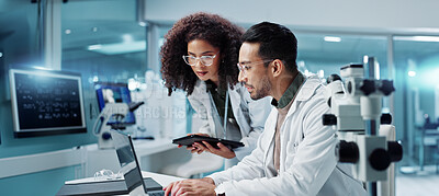 Science, teamwork and scientist with tablet in laboratory for communication, pharmaceutical review or planning. Employees, collaboration and technology for research, discussion and digital analysis