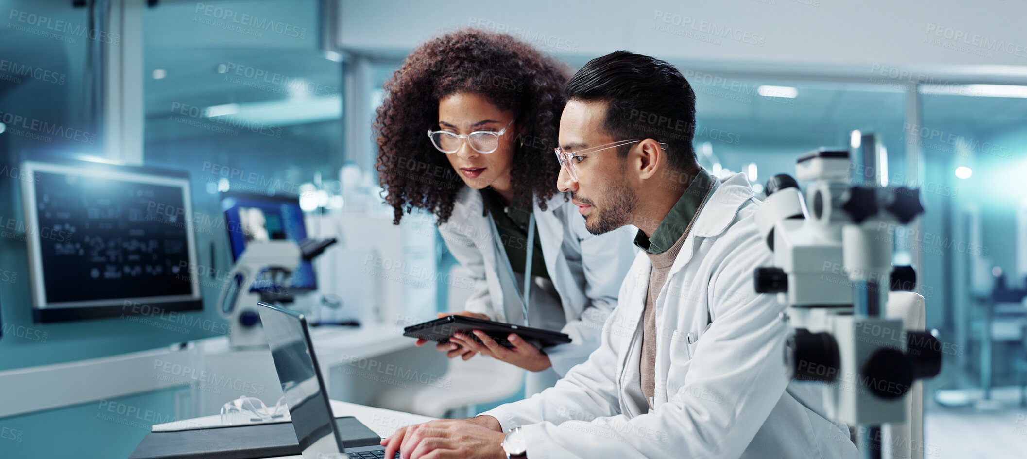 Buy stock photo Science, teamwork and scientist with tablet in laboratory for communication, pharmaceutical review or planning. Employees, collaboration and technology for research, discussion and digital analysis