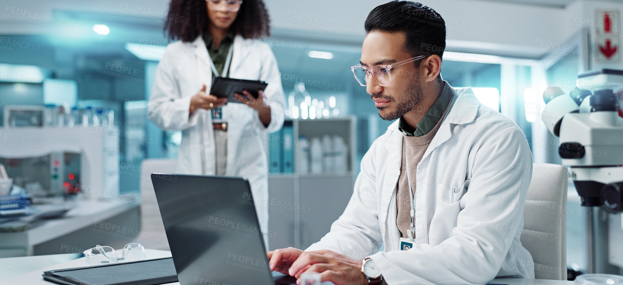 Buy stock photo Science, teamwork and scientist with tablet in laboratory for communication, pharmaceutical review or planning. Employees, collaboration and technology for research, discussion and digital analysis