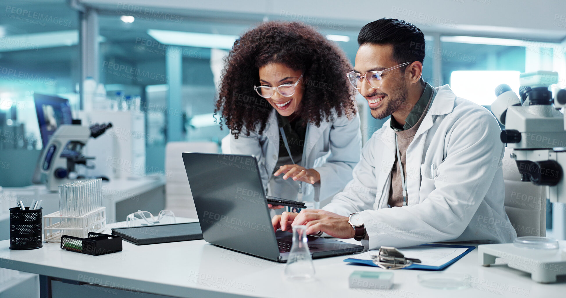 Buy stock photo Science, teamwork and scientist with tablet in laboratory for communication, pharmaceutical review or planning. Employees, collaboration and technology for research, discussion and digital analysis