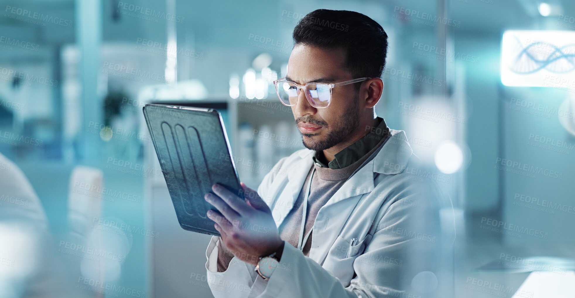 Buy stock photo Tablet, thinking or scientist with research in laboratory for a chemistry report or medical test feedback. Asian man, person typing or science update for online medicine development news on website