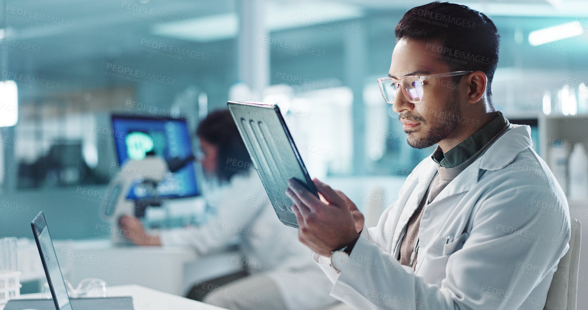 Buy stock photo Tablet, scientist and happy for analysis in laboratory, healthcare and reading of online pharmaceutical research. Asian expert, technology or connection for innovation or information in biotechnology