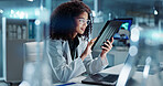 Tablet, laptop and woman scientist in lab working on medical research, project or experiment. Science, career and female researcher with digital technology and computer for pharmaceutical innovation.