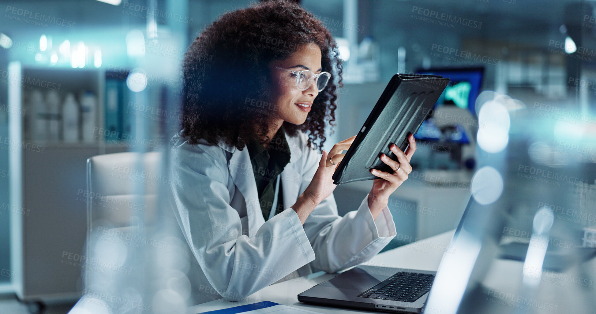 Buy stock photo Tablet, laptop and woman scientist in lab working on medical research, project or experiment. Science, career and female researcher with digital technology and computer for pharmaceutical innovation.