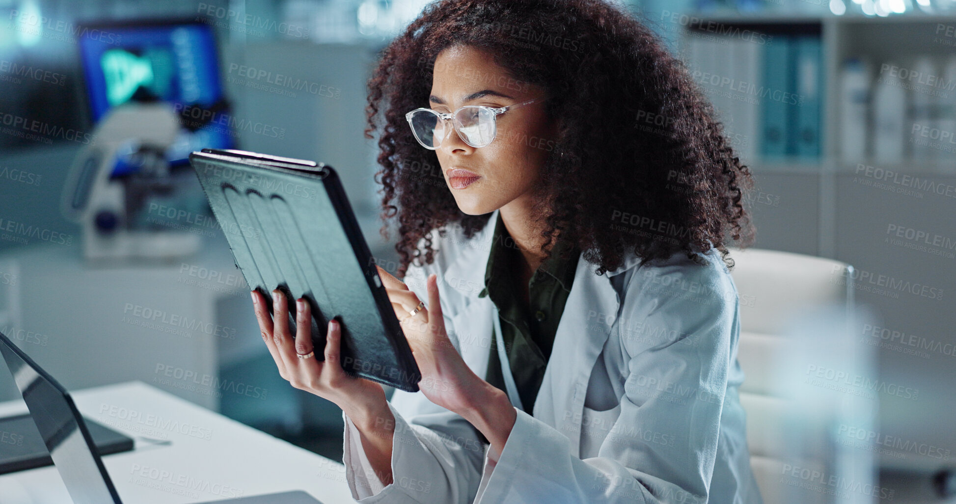 Buy stock photo Tablet, reading and woman scientist in laboratory working on medical research, project or experiment. Science, career and female researcher with digital technology for pharmaceutical innovation.