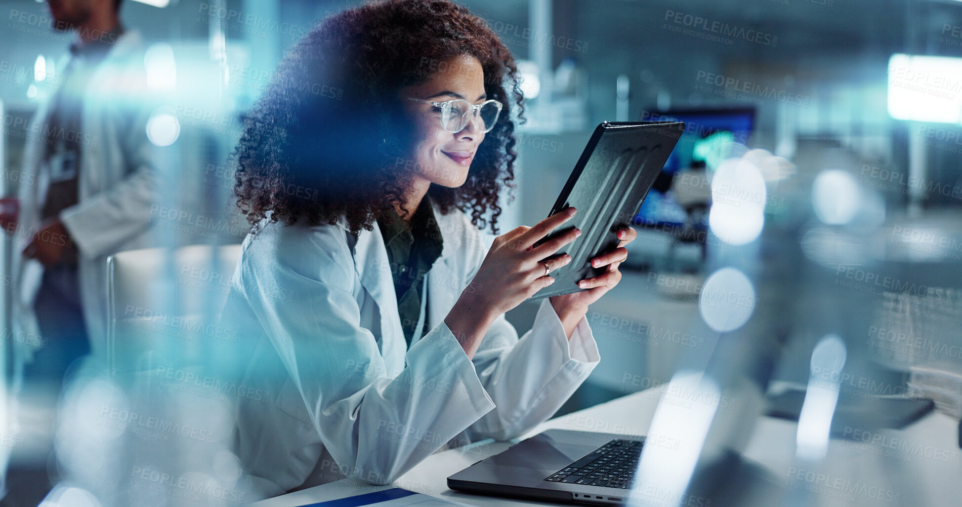 Buy stock photo Tablet, night or scientist with research in laboratory for chemistry report or scientific test feedback. Medical health, happy woman typing or science update for online medicine development news