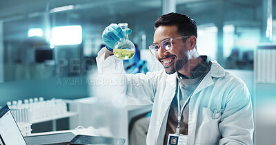 Scientist, man and chemical with laptop in laboratory for chemistry experiment, test sample and research. Science, person and liquid inspection for clinical analysis, expert investigation and happy