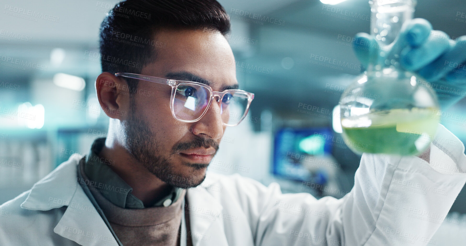 Buy stock photo Serious man, scientist and beaker with chemical for research, experiment or test in lab. Science, medical professional and shake glass for development of cure, biotechnology and study for healthcare