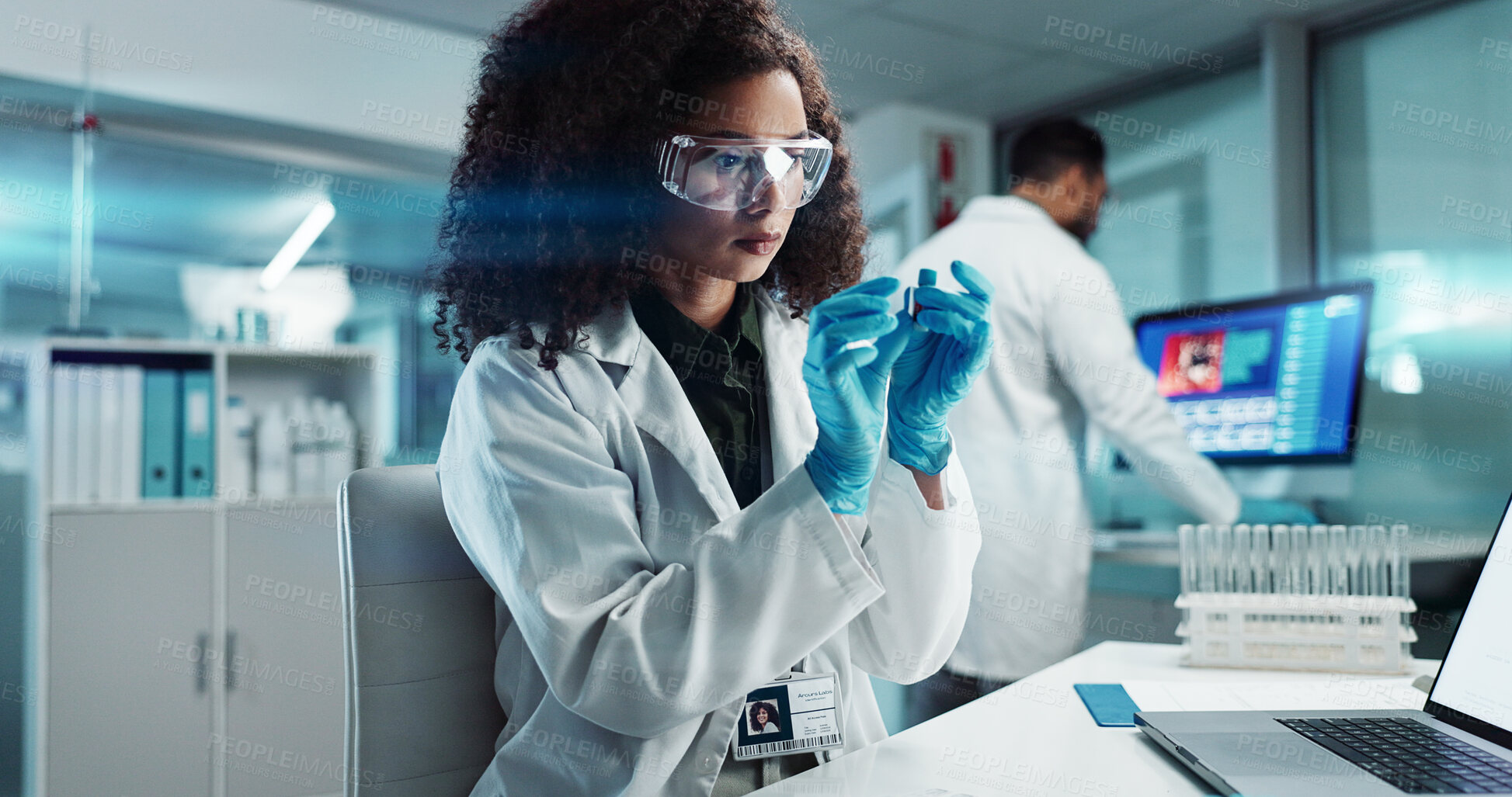 Buy stock photo Woman, scientist or blood vial for testing in laboratory, healthcare or pathology to label on test tube. Biotechnology, pharmaceutical and laptop by doctor and online scientific results in phlebotomy