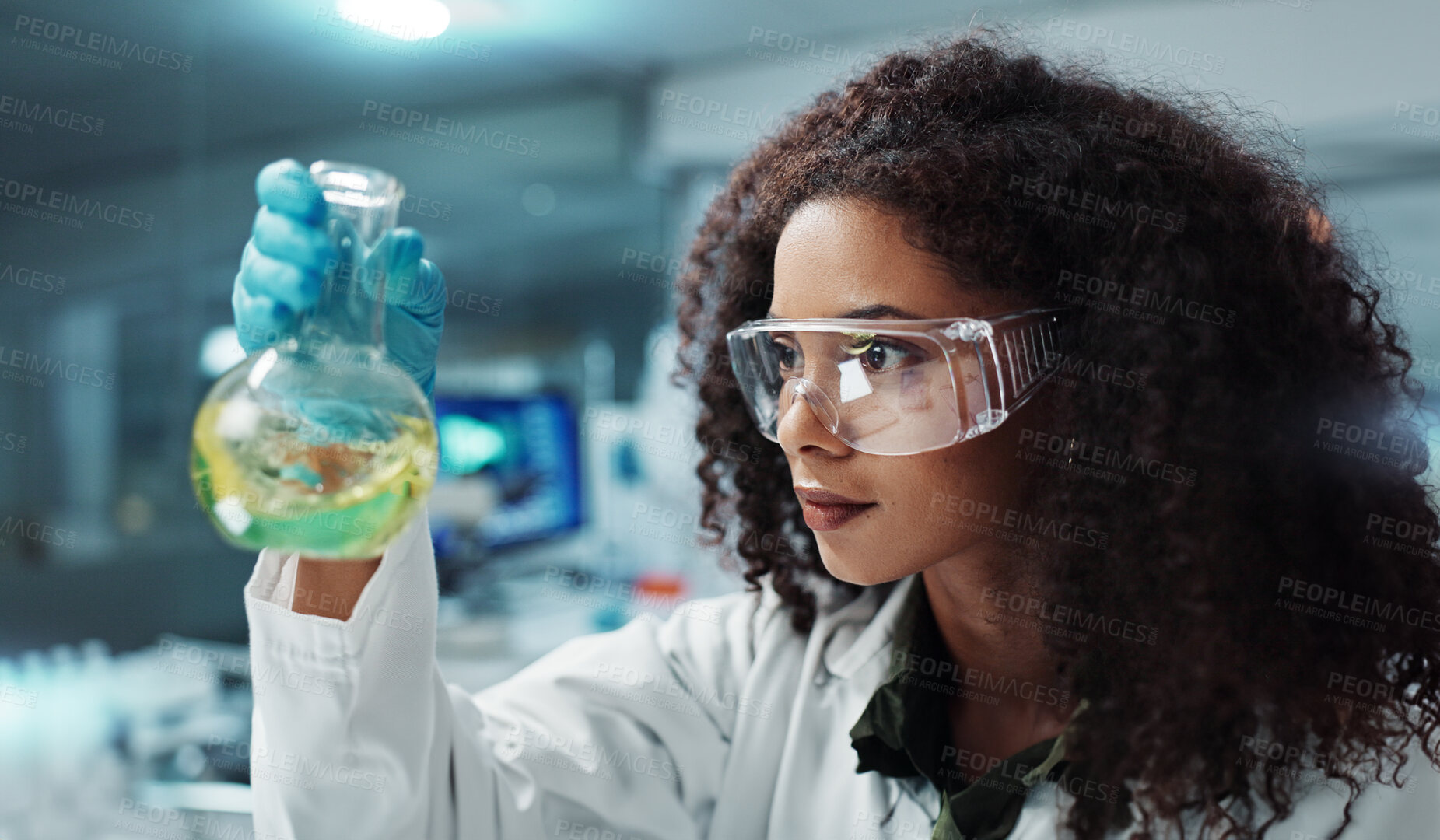 Buy stock photo Scientist, research or woman with liquid in test tube for analysis, medical testing and analytics in lab. Biotechnology, healthcare or science person with medicine, sample and vaccine in glass vial