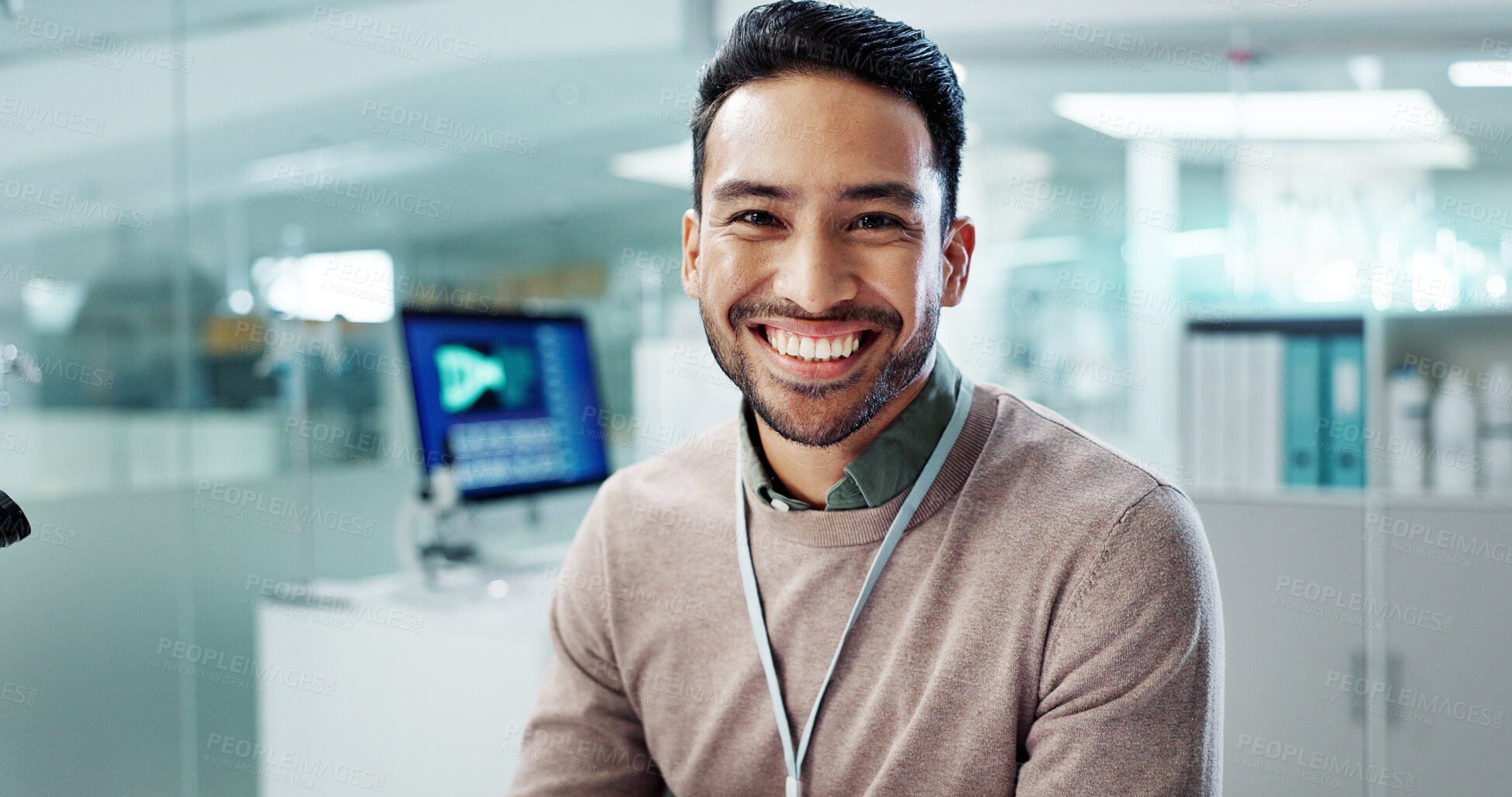 Buy stock photo Asian man, smile and working in laboratory for innovation, pharmaceutical or research study. Male employee, happy and confident in testing facility for reviewing, development or data analysis