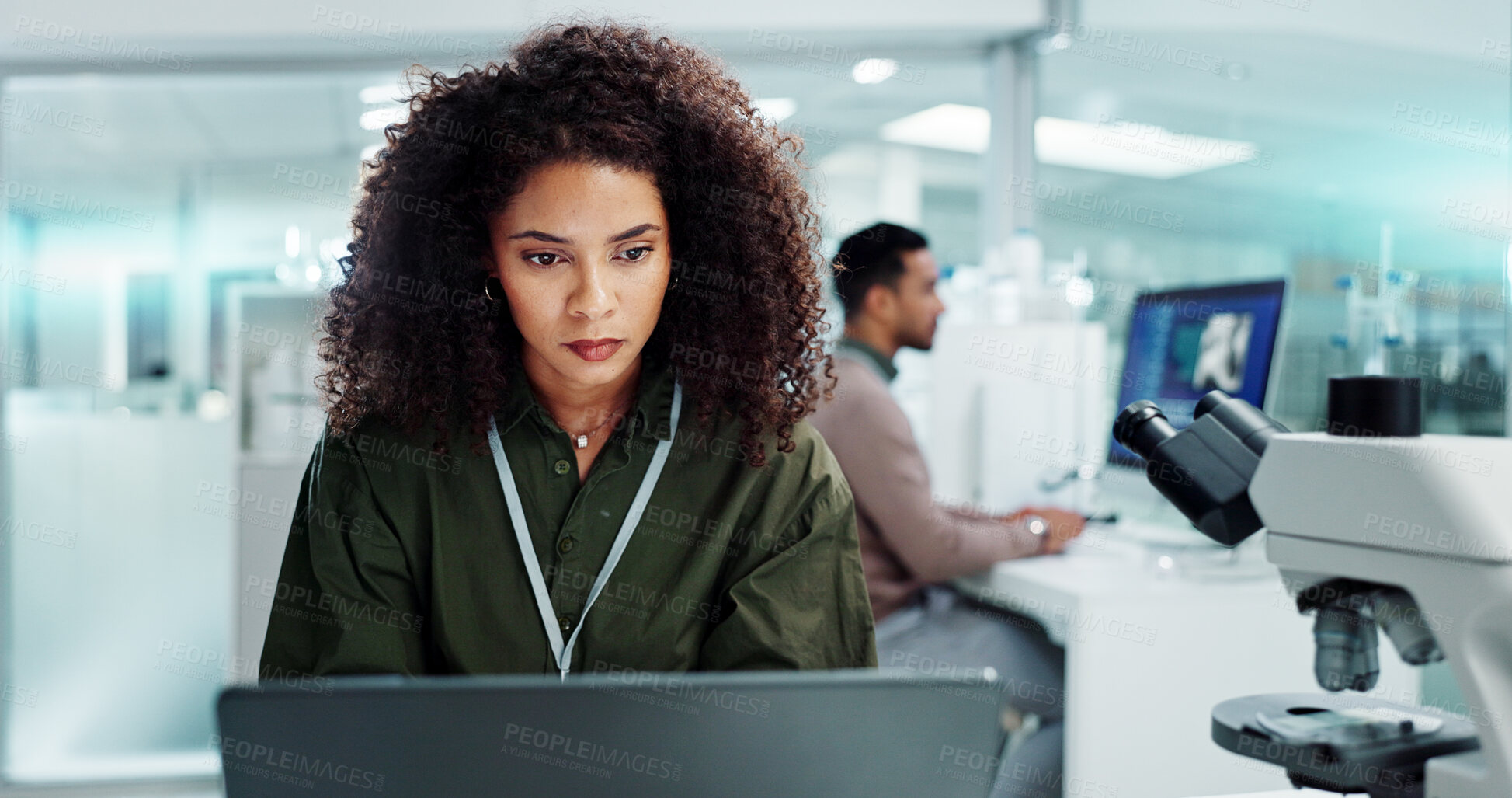 Buy stock photo Woman. laptop and lab for research science or online internet for futuristic discovery, microscope or medicine. Female person, brainstorming and biotechnology for investigation, cure or development