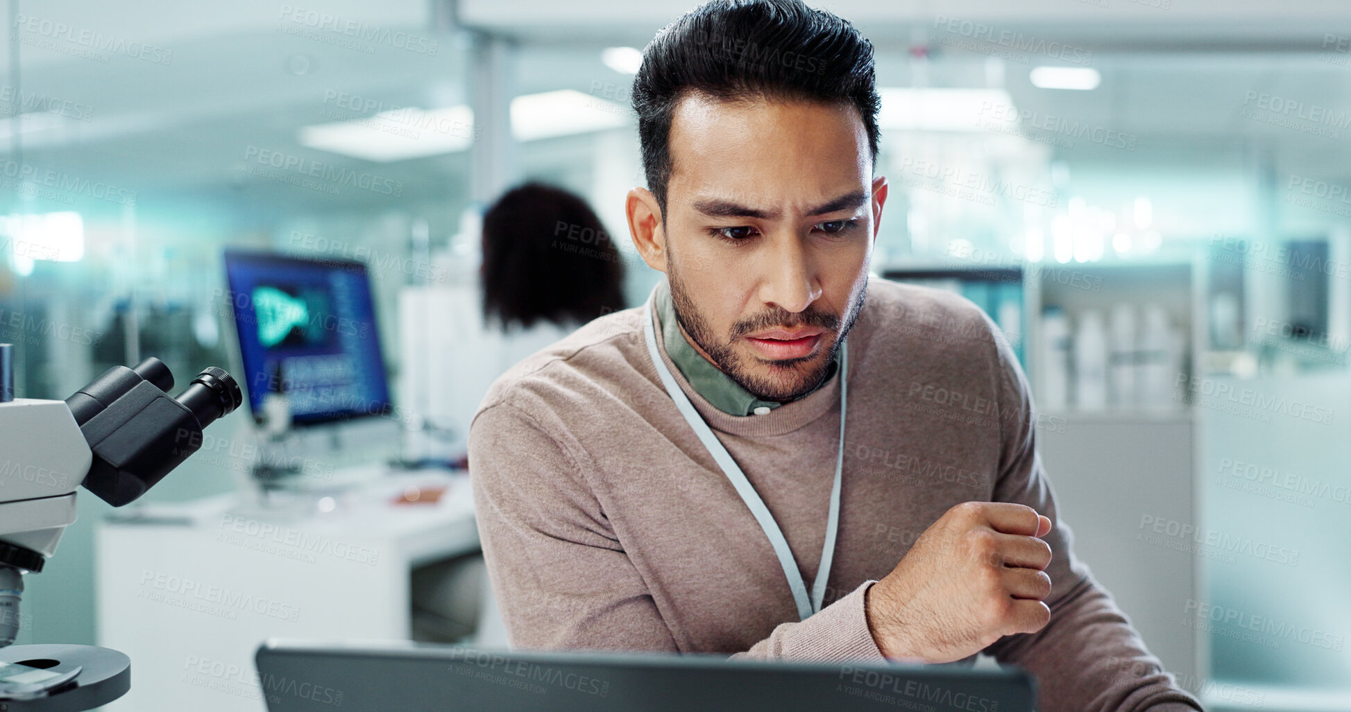 Buy stock photo Scientist, man thinking and research on computer for laboratory test, exam or medical results of DNA. Asian science expert or people on laptop and biotechnology for cancer solution or problem solving