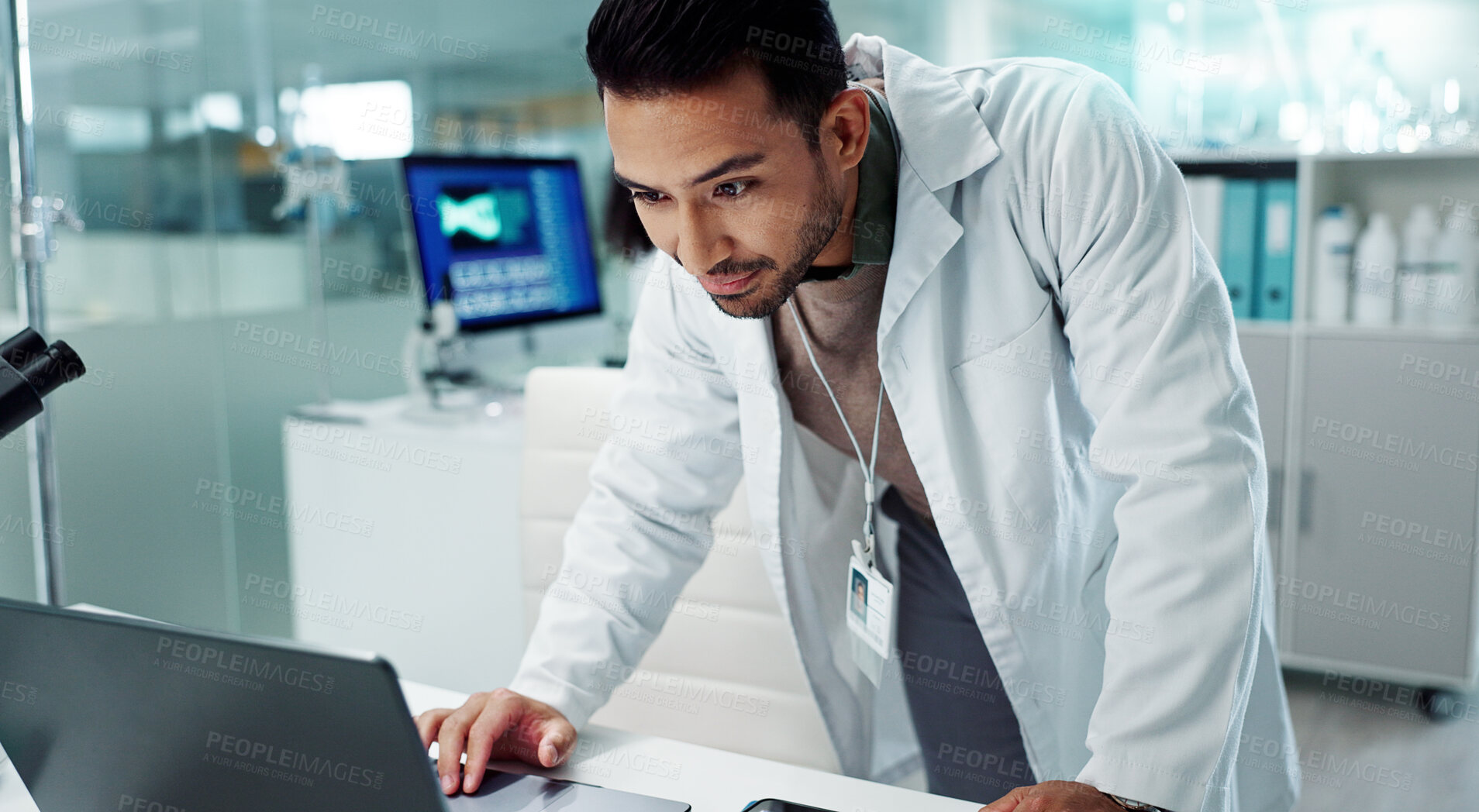 Buy stock photo Serious man, tablet and scientist research in laboratory, experiment or data analysis to study healthcare. Digital technology, science or medical professional in investigation, innovation and walking